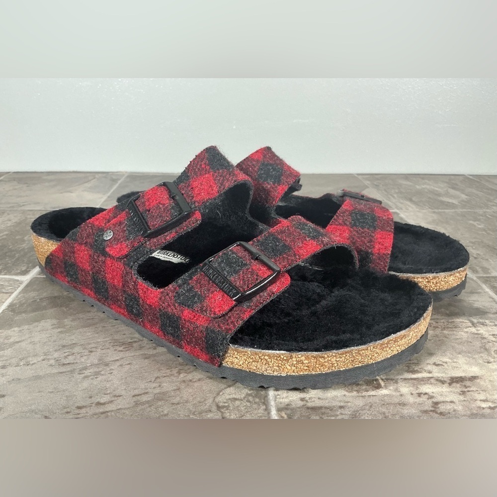 BIRKENSTOCK ARIZONA SHEARLING WOOL PLAID RED SANDALS.